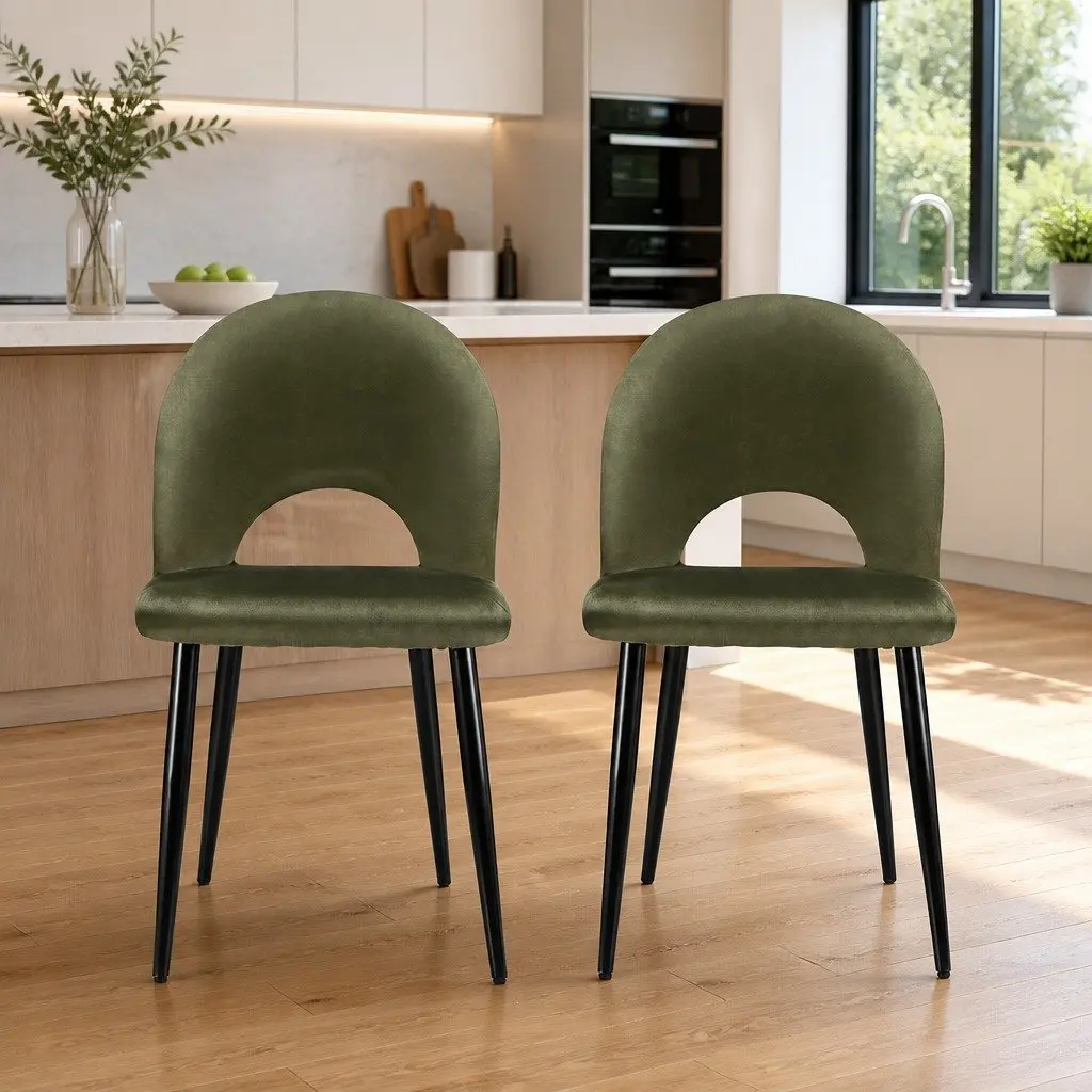 Set of 2 Plywood Frame Dining Chairs Velvet Upholstery Green Padded Seat