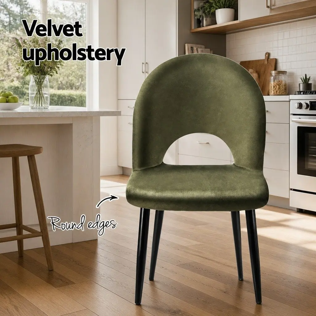 Set of 2 Plywood Frame Dining Chairs Velvet Upholstery Green Padded Seat