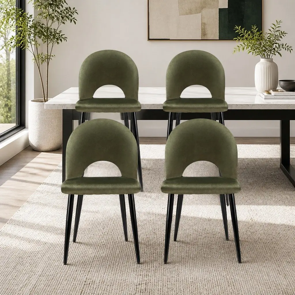 Dining Chairs Velvet Padded Seat Green Set of 4 Plywood Frame Metal Legs