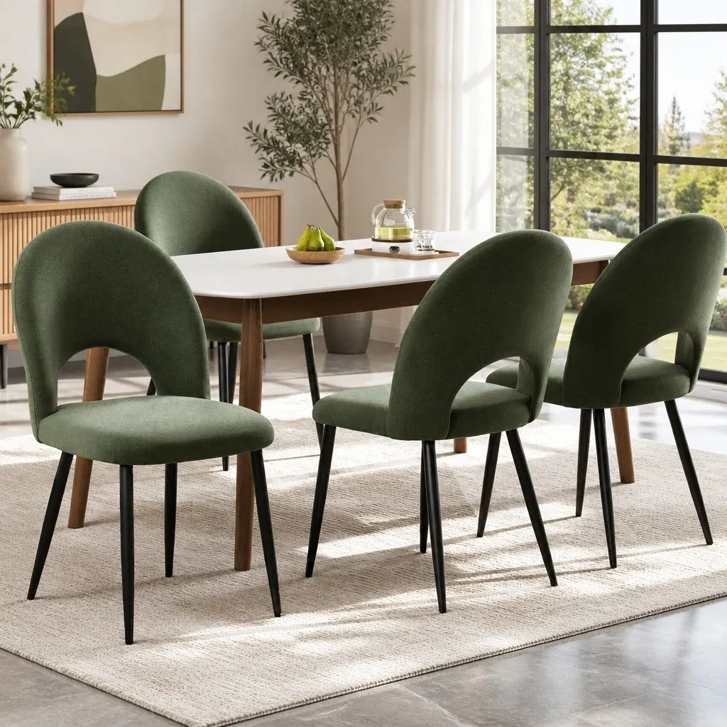 Dining Chairs Velvet Padded Seat Green Set of 4 Plywood Frame Metal Legs