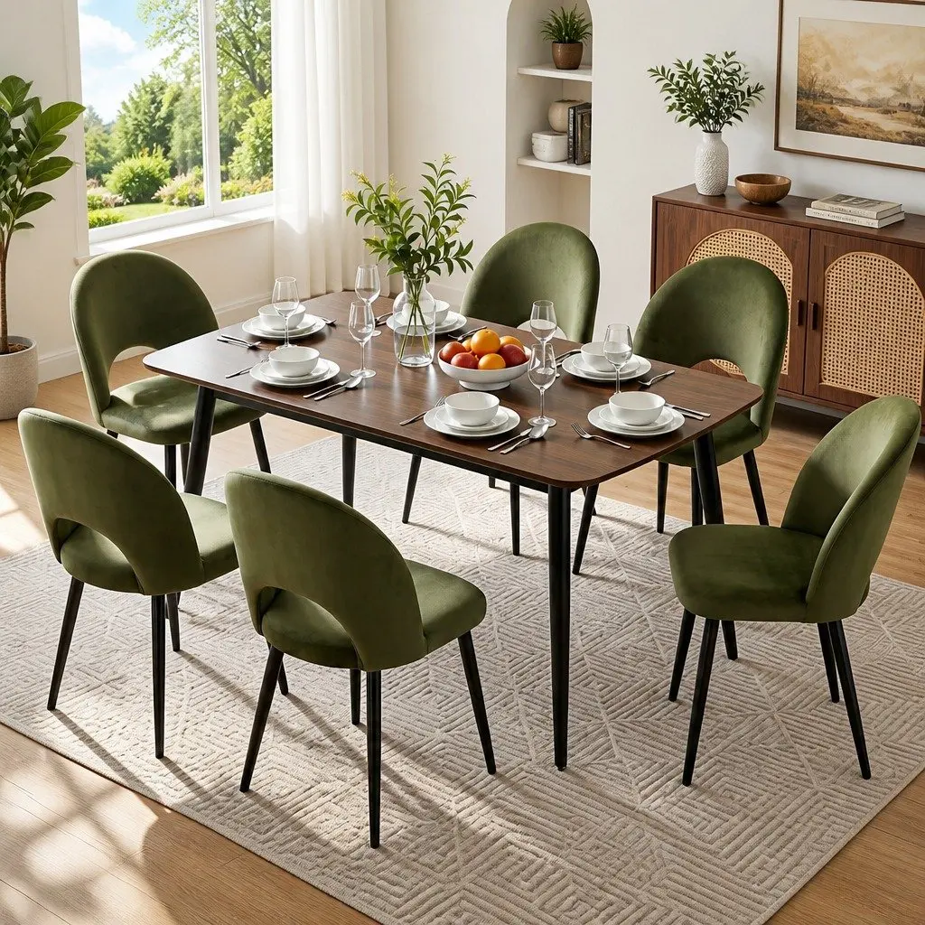 Dining Chairs Velvet Padded Seat Green Set of 6 Kitchen Dining Room Furniture