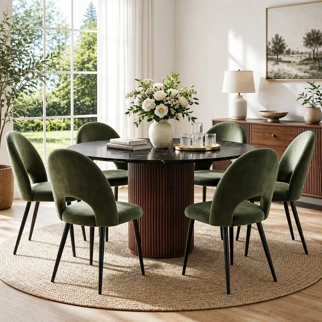 Dining Chairs Velvet Padded Seat Green Set of 6 Kitchen Dining Room Furniture