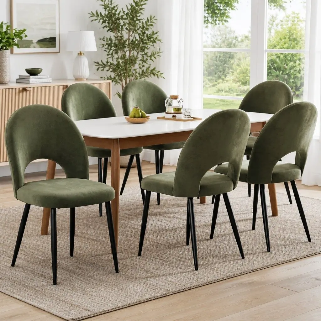 Dining Chairs Velvet Padded Seat Green Set of 6 Kitchen Dining Room Furniture