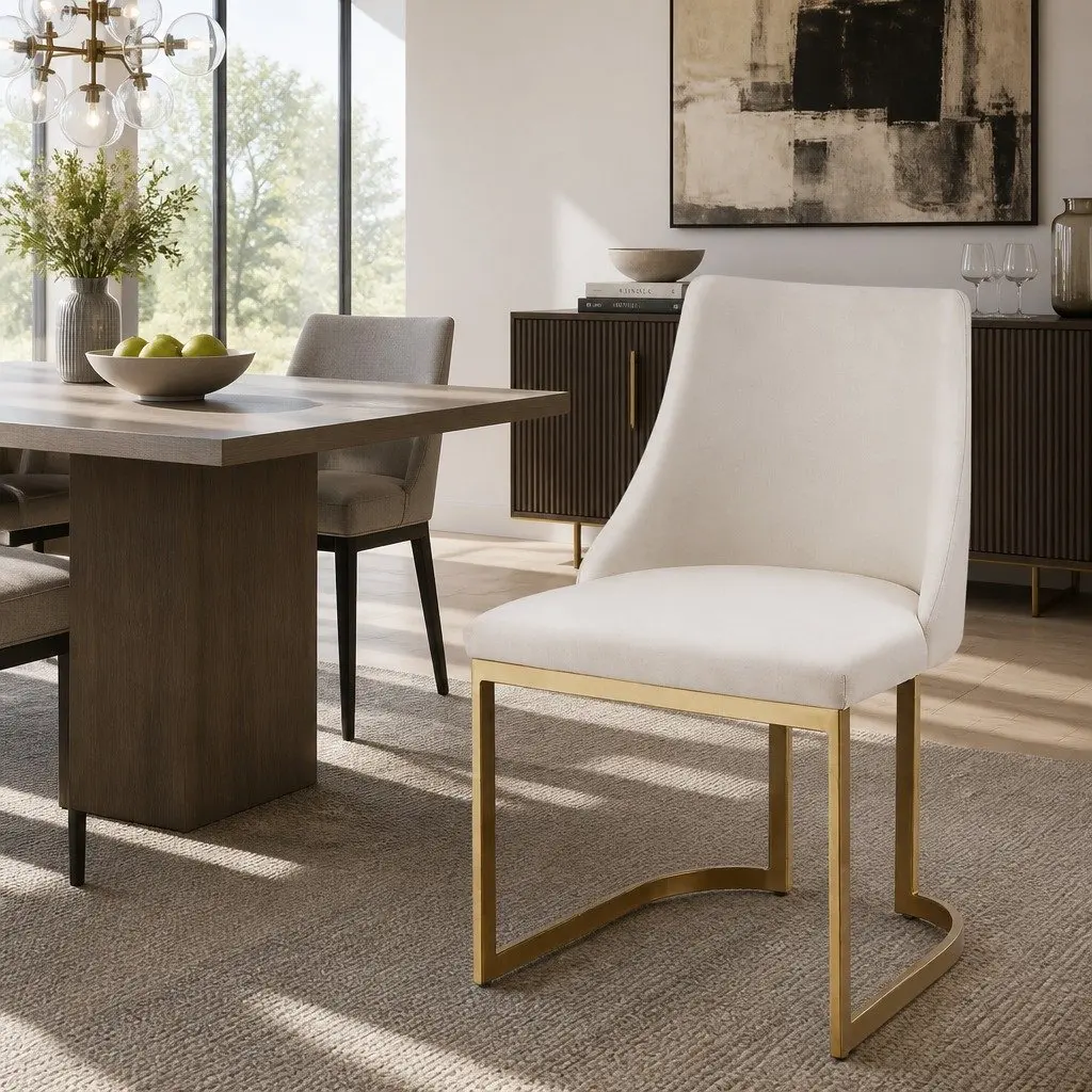 Padded Seat Dining Chairs Set of 2 Beige Linen Fabric Sturdy Frame Kitchen Furniture