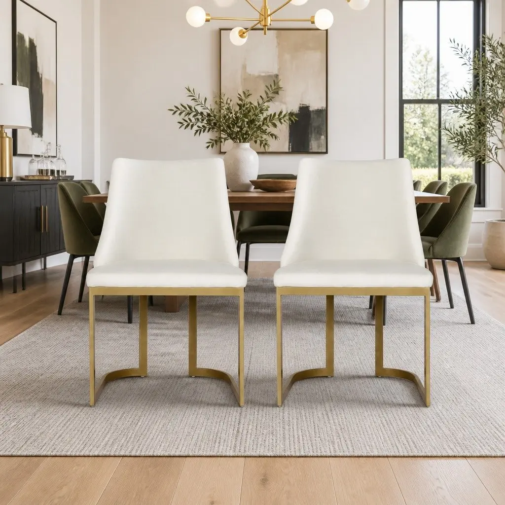 Padded Seat Dining Chairs Set of 2 Beige Linen Fabric Sturdy Frame Kitchen Furniture