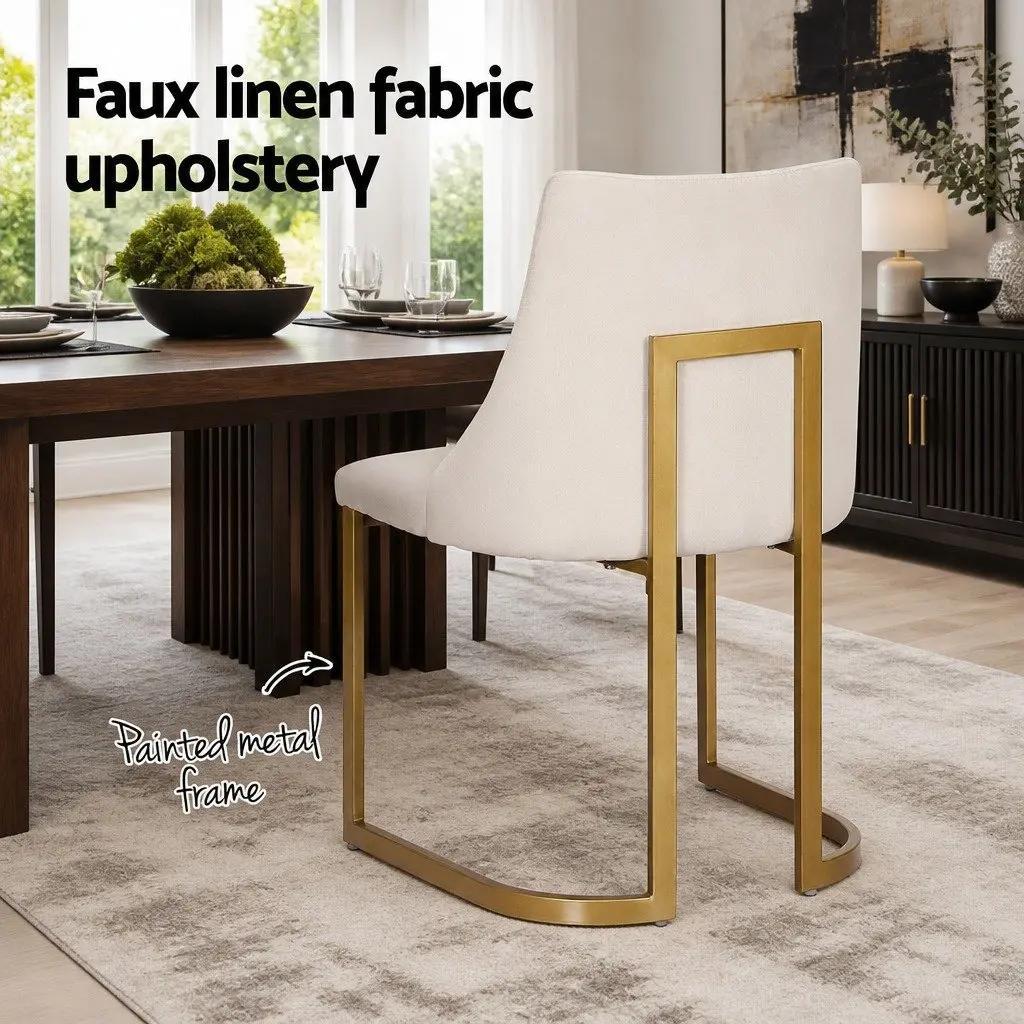 Padded Seat Dining Chairs Set of 2 Beige Linen Fabric Sturdy Frame Kitchen Furniture
