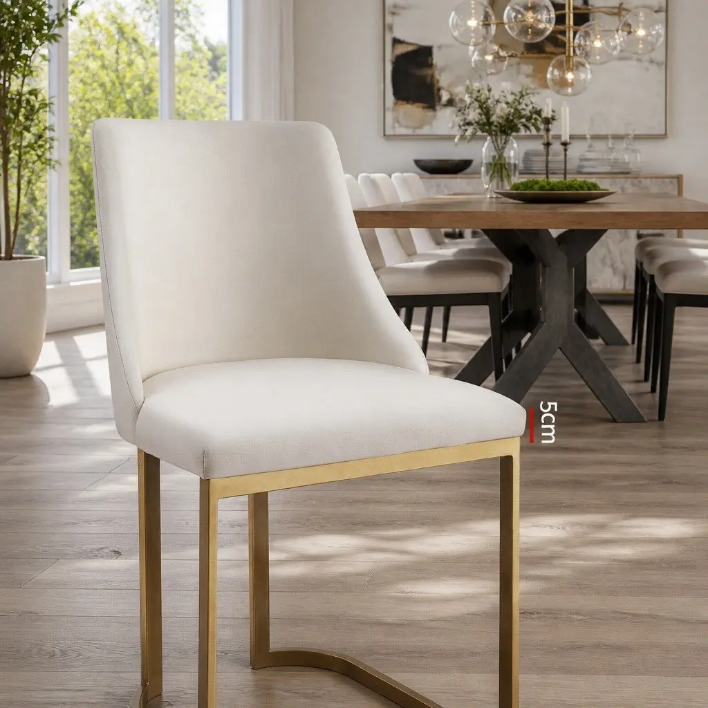 Padded Seat Dining Chairs Set of 2 Beige Linen Fabric Sturdy Frame Kitchen Furniture