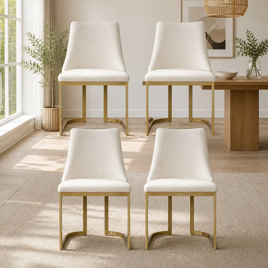 Dining Chairs Plywood Frame Linen Fabric Upholstered Padded Seat Metal Legs Beige 4 Piece Set