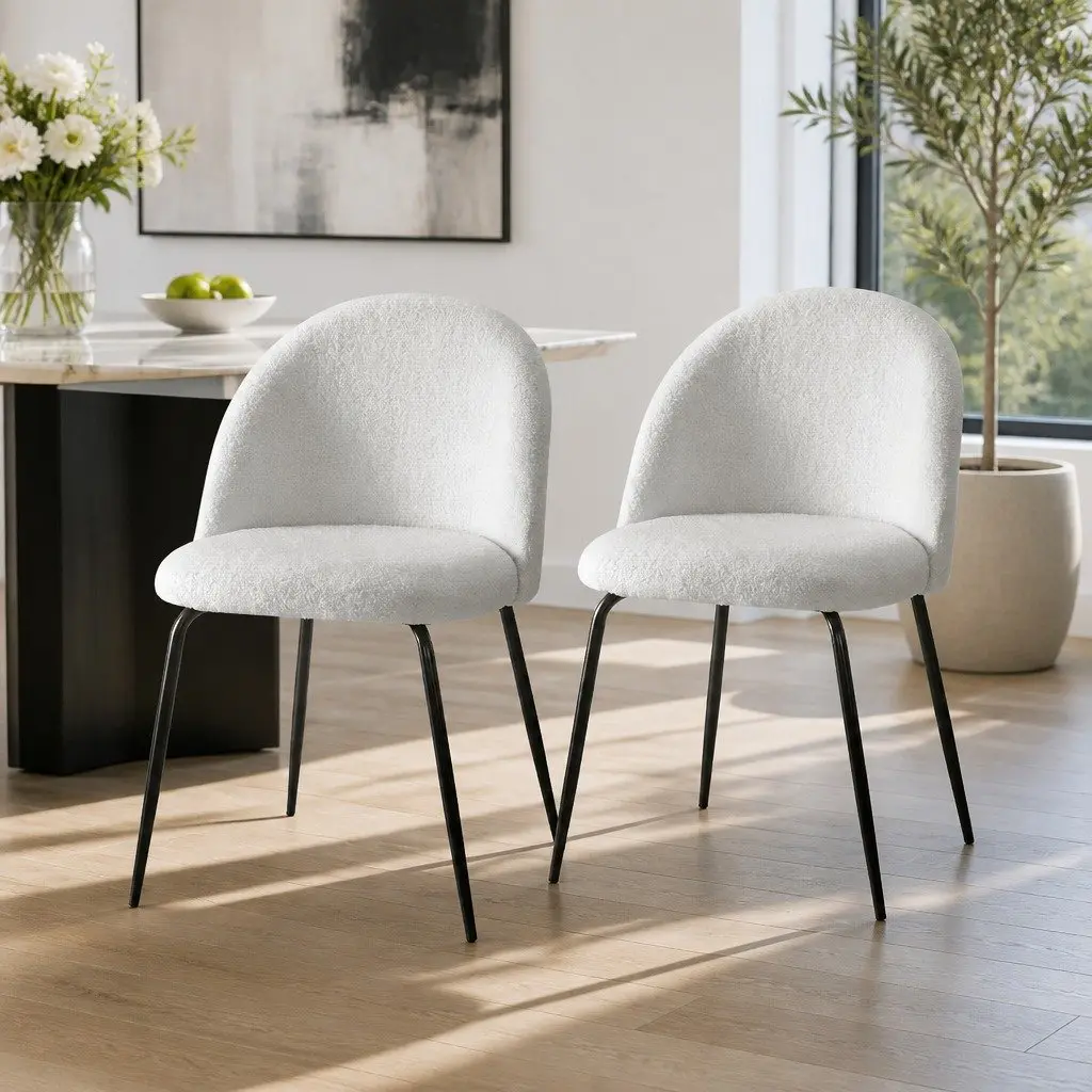 Dining Chairs Sherpa Fabric Upholstered Winged Backrest White Set of 2