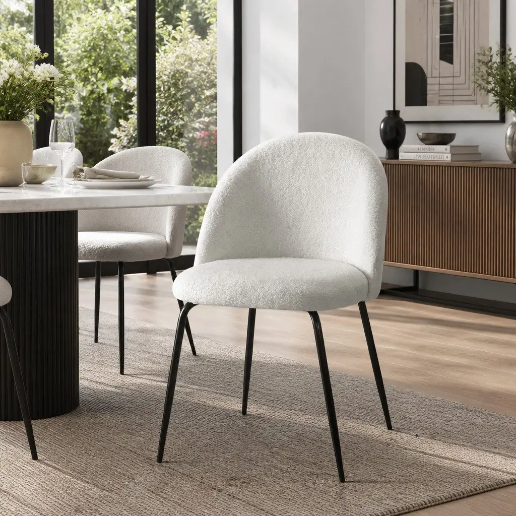 Dining Chairs Sherpa Fabric Upholstered Winged Backrest White Set of 2