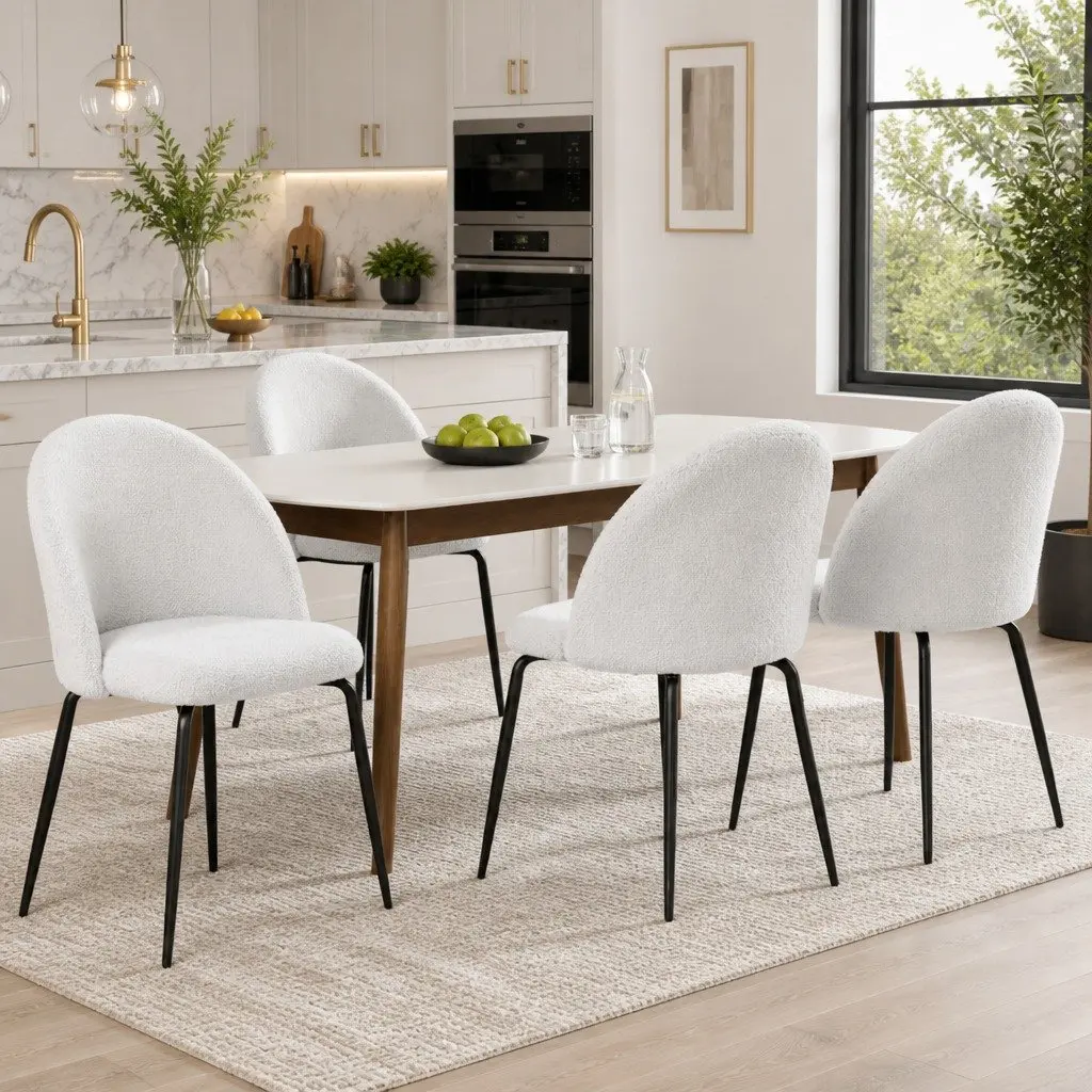 Dining Chairs Sherpa Boucle White Modern 4 Piece