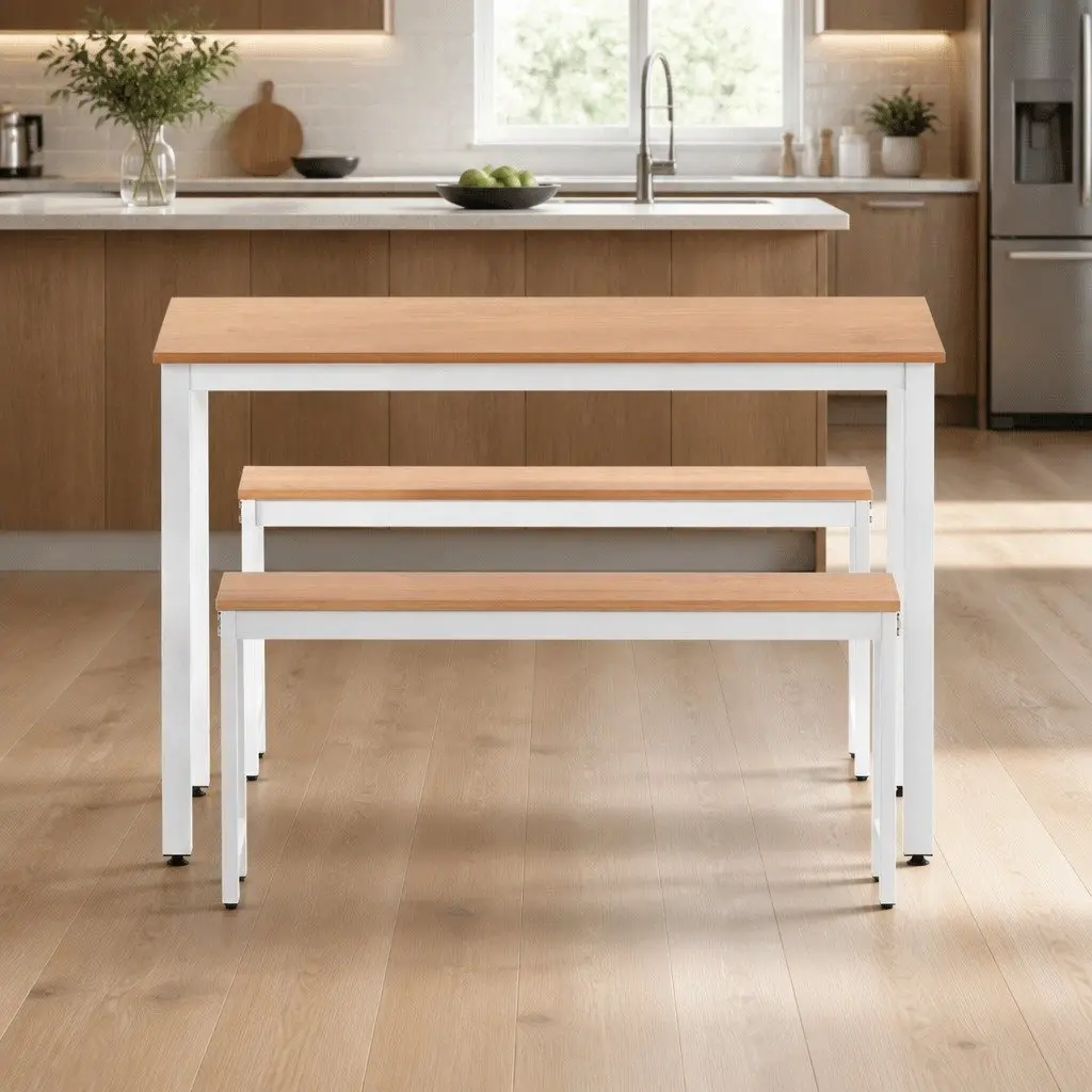 Dining Table and Benches Set 3PCS Metal Legs Rectangle Natural and White