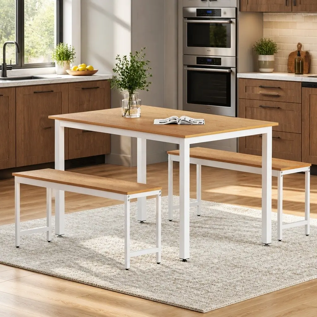 Dining Table and Benches Set 3PCS Metal Legs Rectangle Natural and White