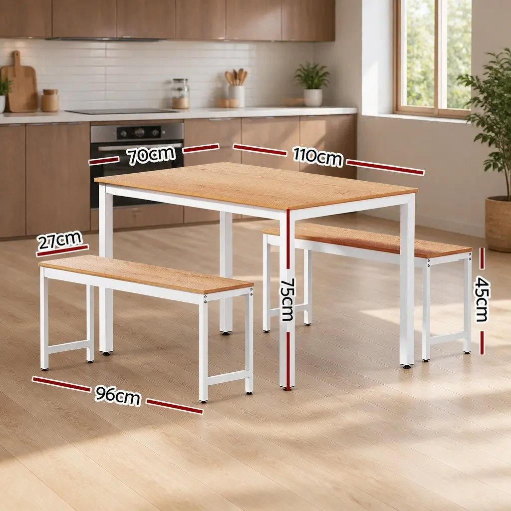 Dining Table and Benches Set 3PCS Metal Legs Rectangle Natural and White