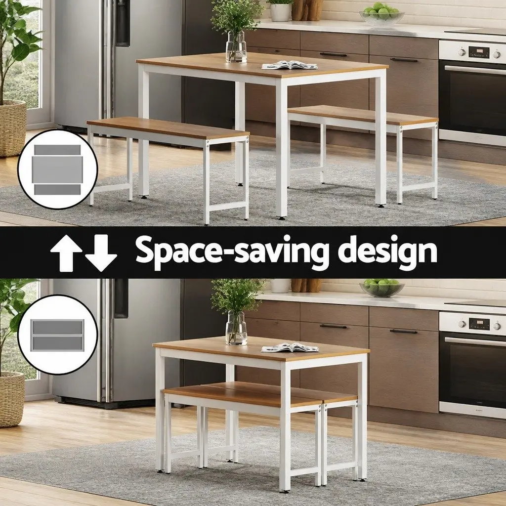 Dining Table and Benches Set 3PCS Metal Legs Rectangle Natural and White