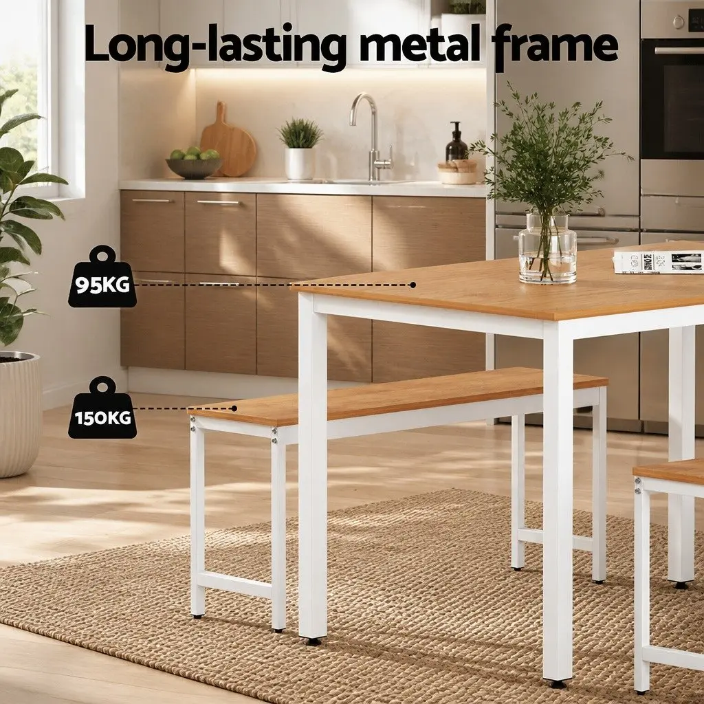 Dining Table and Benches Set 3PCS Metal Legs Rectangle Natural and White