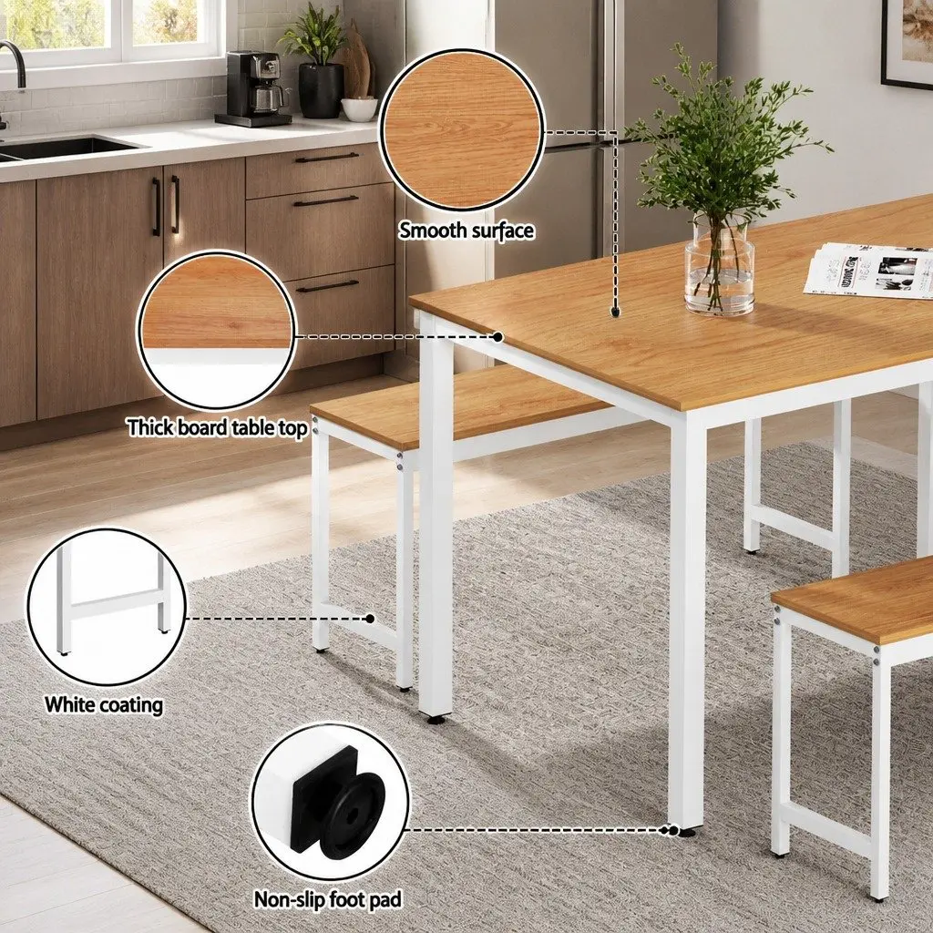 Dining Table and Benches Set 3PCS Metal Legs Rectangle Natural and White