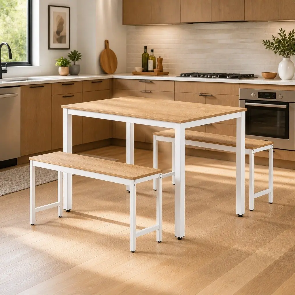 Dining Table and Benches Set 3PCS Metal Legs Rectangle Natural and White
