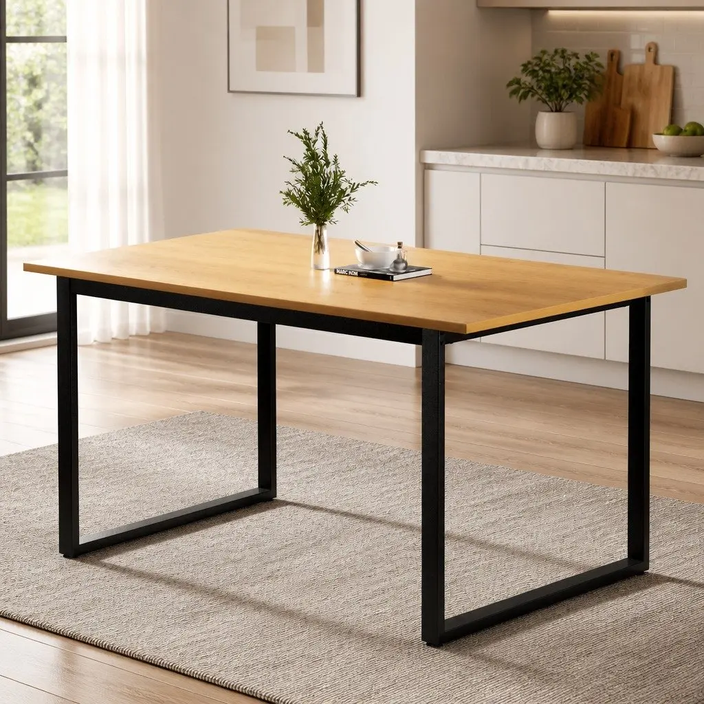 Dining Table Rectangular Particle Board 150cm Pine Black Metal 6 Seater