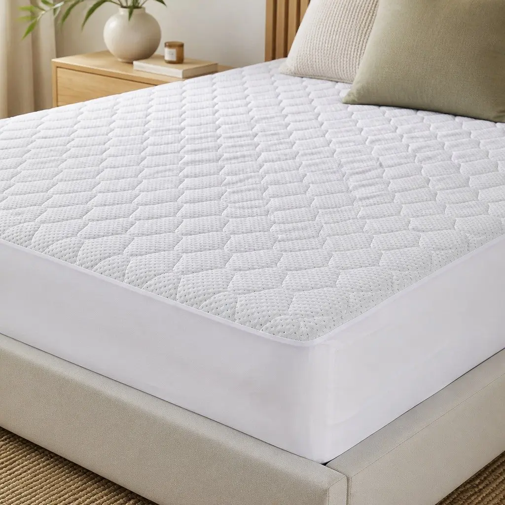 Mattress Protector Bamboo Fibre Quilted Waterproof Fitted 40cm Elastic King Single White