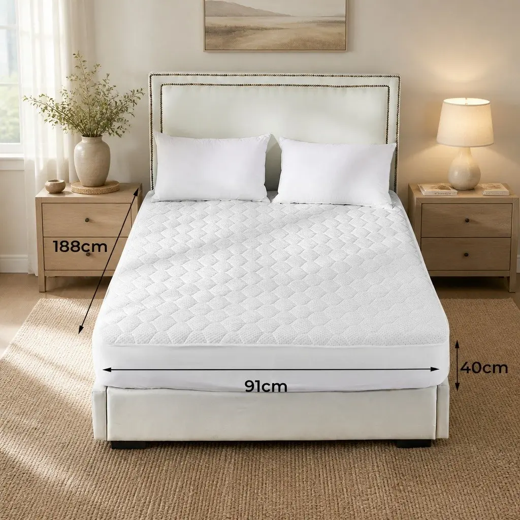 Single Fitted Mattress Protector Waterproof Quilted Bamboo Fibre 188cm x 91cm White