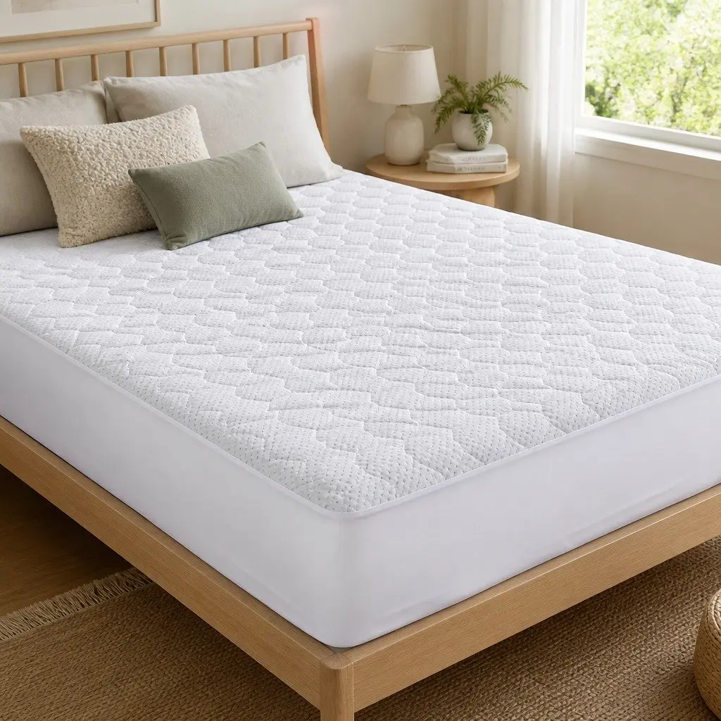 Single Fitted Mattress Protector Waterproof Quilted Bamboo Fibre 188cm x 91cm White