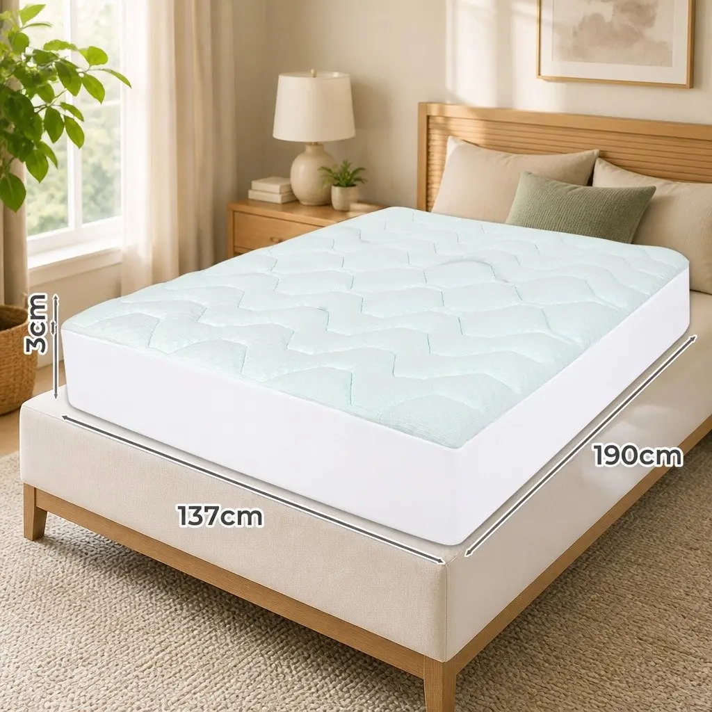 Double Mattress Topper Memory Foam 3cm Thick Bamboo Cover White and Blue