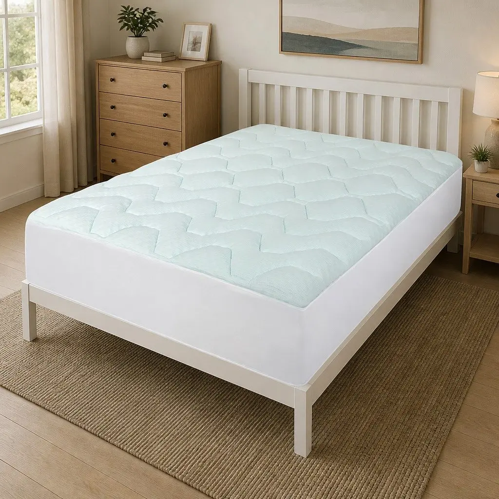 Double Mattress Topper Memory Foam 3cm Thick Bamboo Cover White and Blue