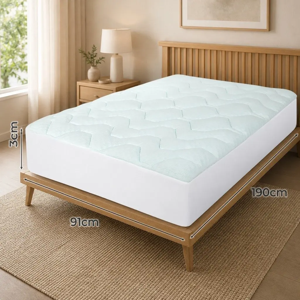 Single Mattress Topper Bamboo Fibre Cover Protector Dual-Sided Memory Foam 91cmx190cm White Blue