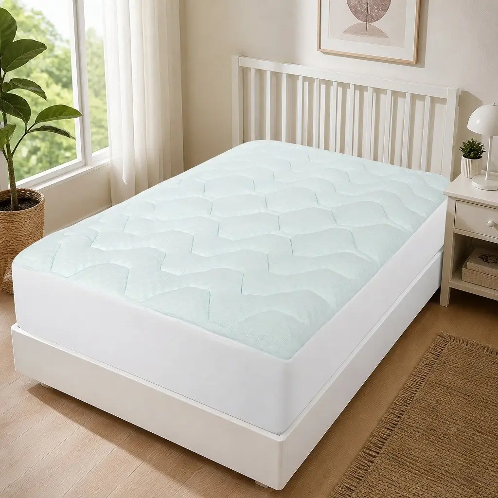 Single Mattress Topper Bamboo Fibre Cover Protector Dual-Sided Memory Foam 91cmx190cm White Blue