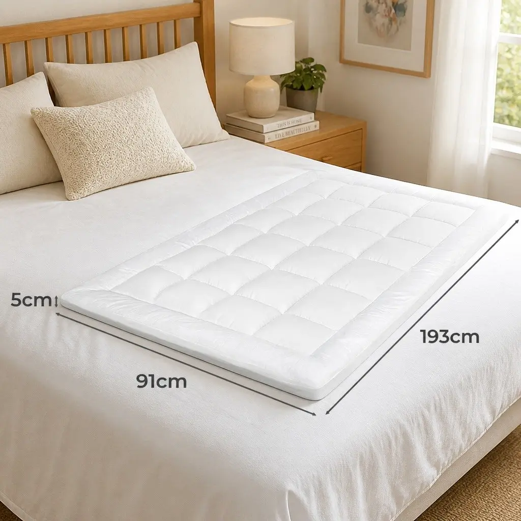 Single Bed Topper 5cm Extra Thick Pillowtop White Fitted Skirt