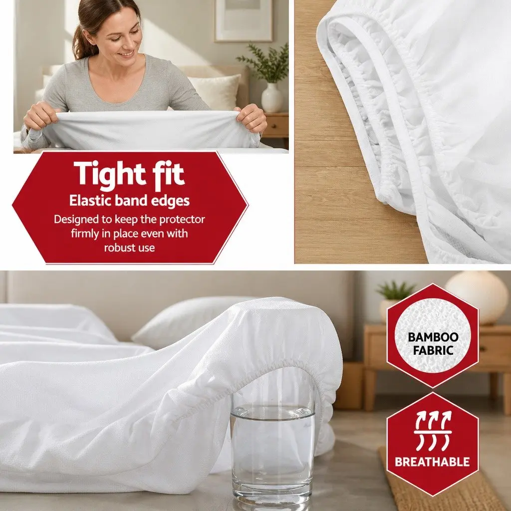 Mattress Protector Double Size White Bamboo Fabric Water Resistant Machine