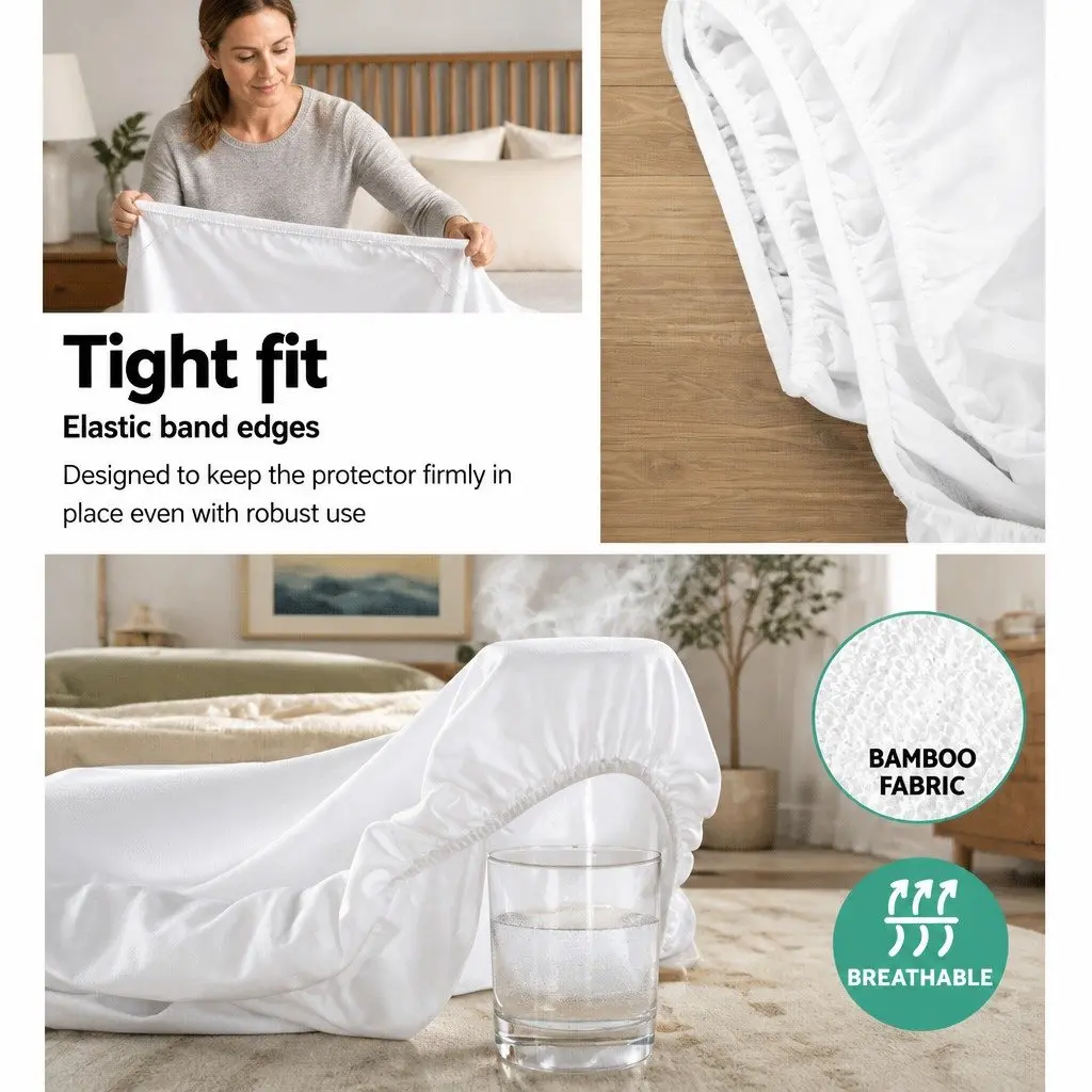 Mattress Protector Waterproof Bamboo Fabric King Size White