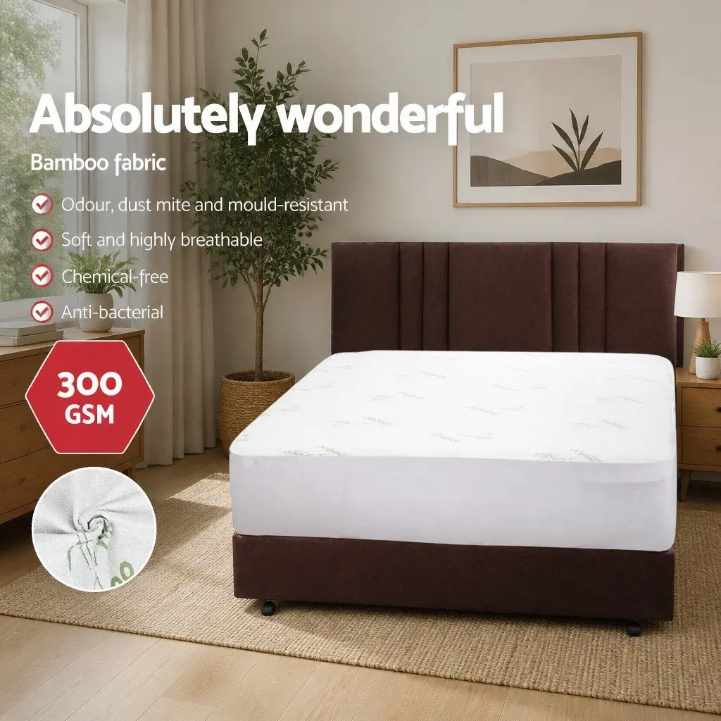 Double Mattress Protector Bamboo Waterproof Fitted Bed Cover with 40cm Skirt White
