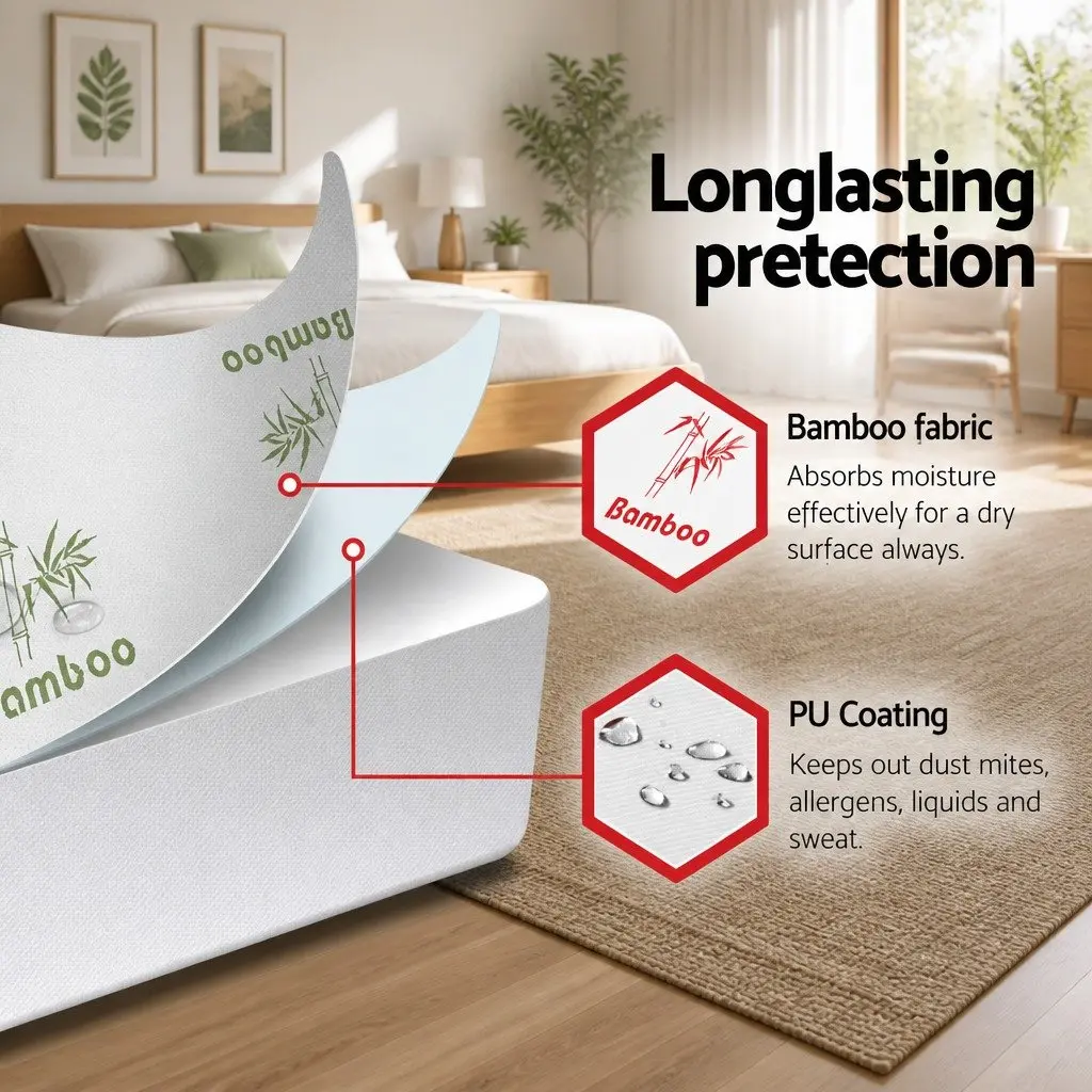 Double Mattress Protector Bamboo Waterproof Fitted Bed Cover with 40cm Skirt White