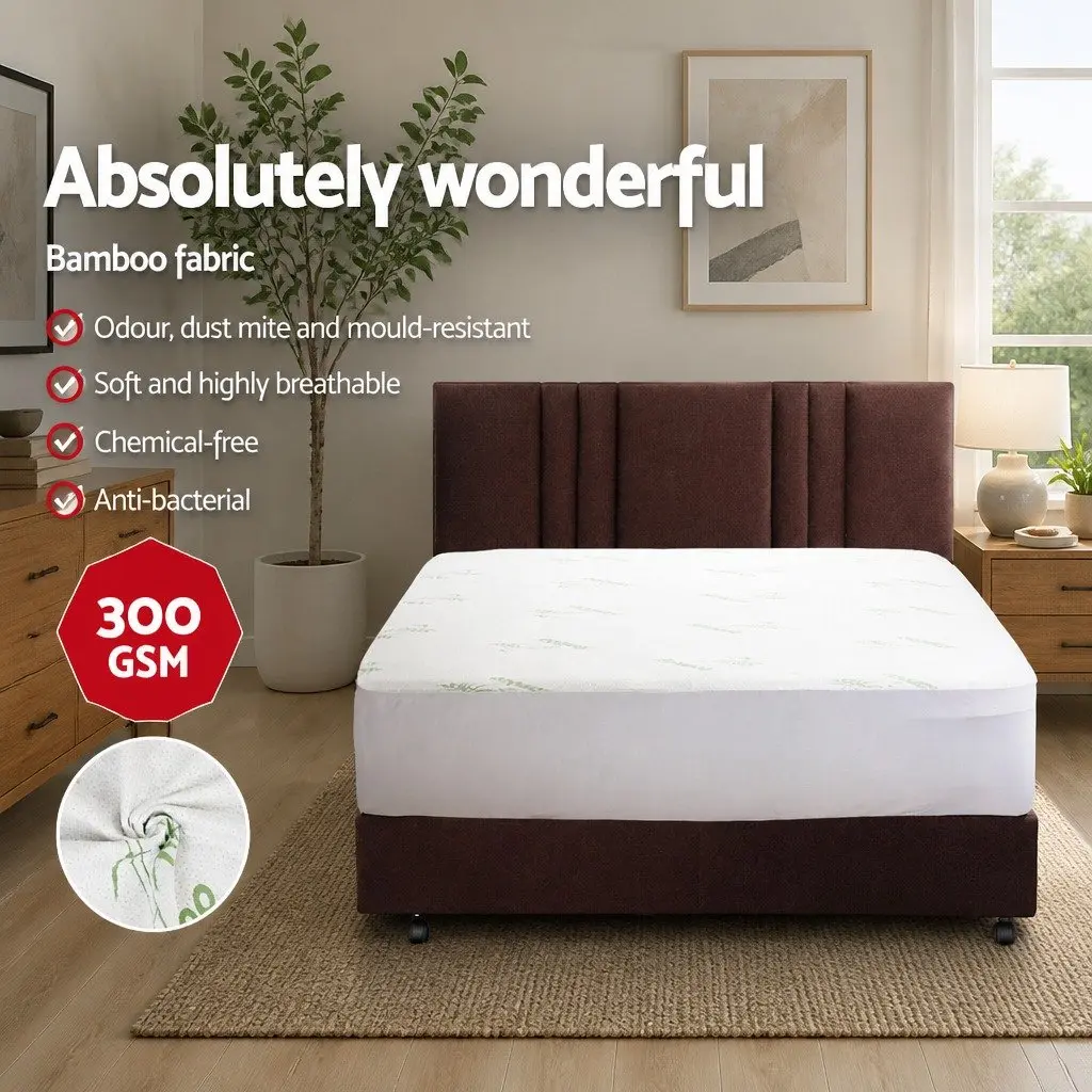 Bamboo Fabric Fitted Mattress Protector White Water-Resistant Cover Queen Size