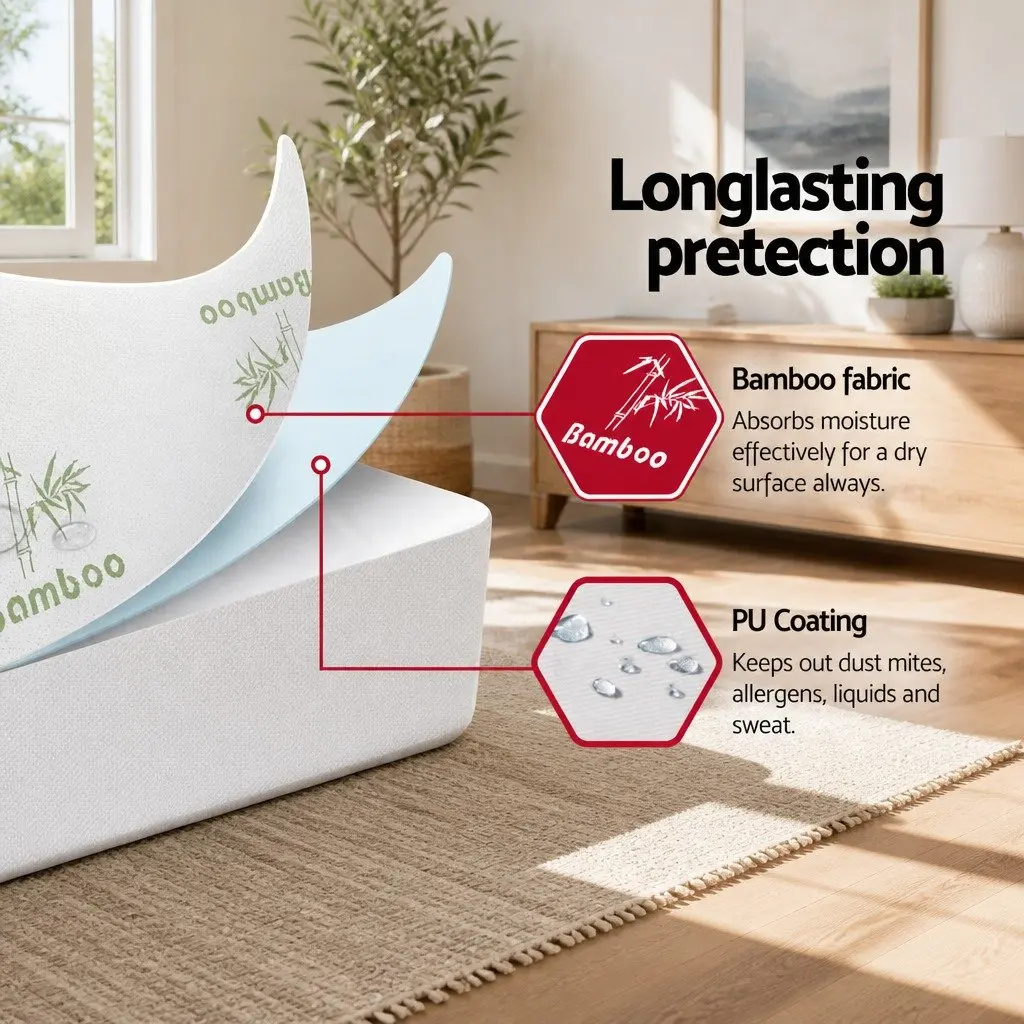 Bamboo Fabric Fitted Mattress Protector White Water-Resistant Cover Queen Size