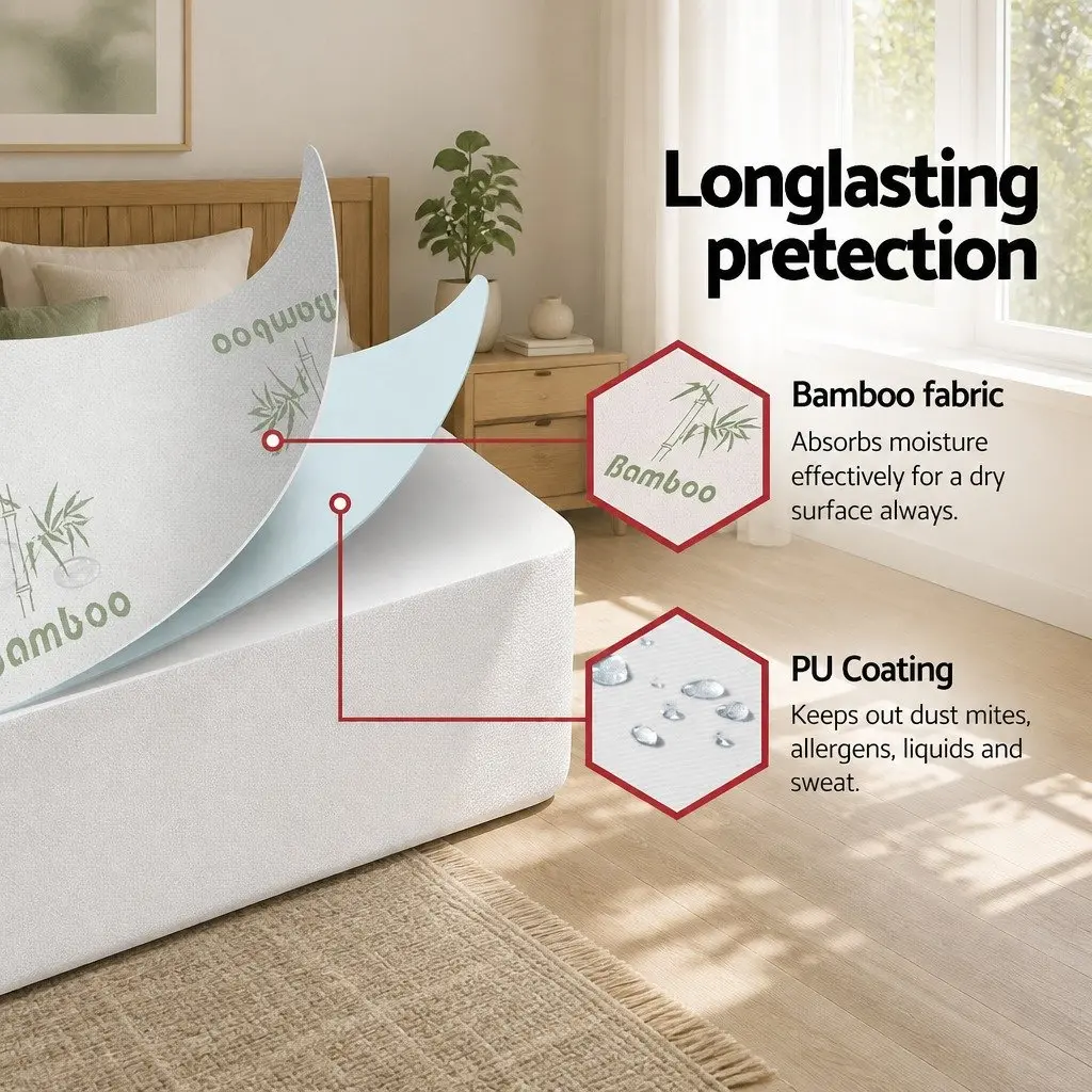 Single Mattress Protector Water-Resistant Bamboo Fabric Breathable White Fitted 188cm x 91cm 40cm Deep