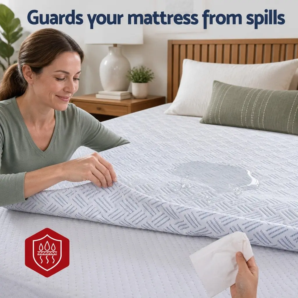 Mattress Protector Cooling Waterproof Deep Pocket Fitted Skirt Blue King Single