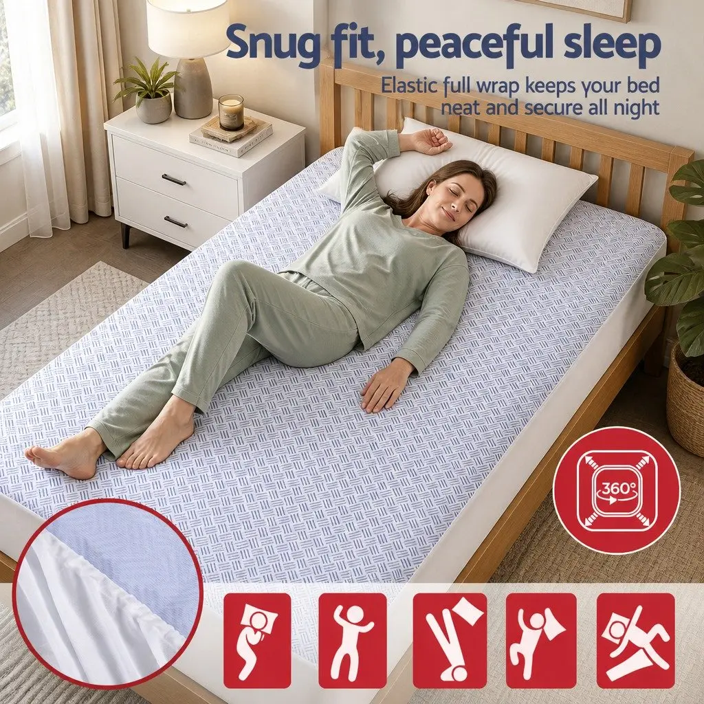 Mattress Protector Cooling Waterproof Deep Pocket Fitted Skirt Blue King Single