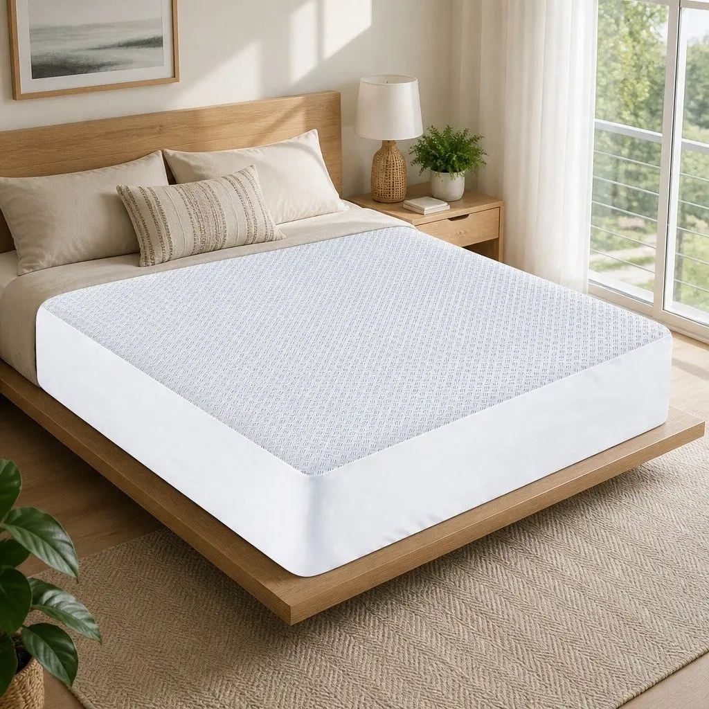 Mattress Protector Waterproof 35cm Deep Pocket Fitted Skirt King Size Blue 200gsm PE Cool-Sense Air Layer Fabric