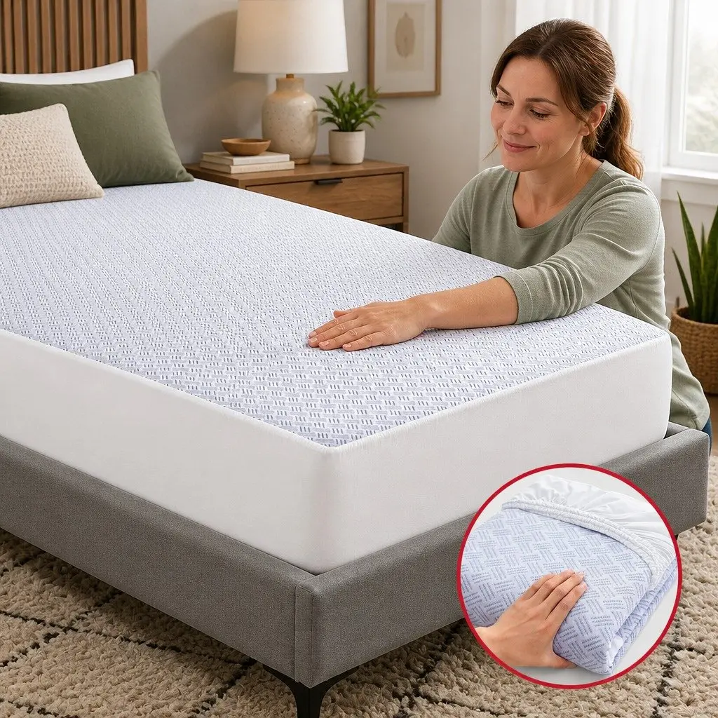 Mattress Protector Waterproof 35cm Deep Pocket Fitted Skirt King Size Blue 200gsm PE Cool-Sense Air Layer Fabric