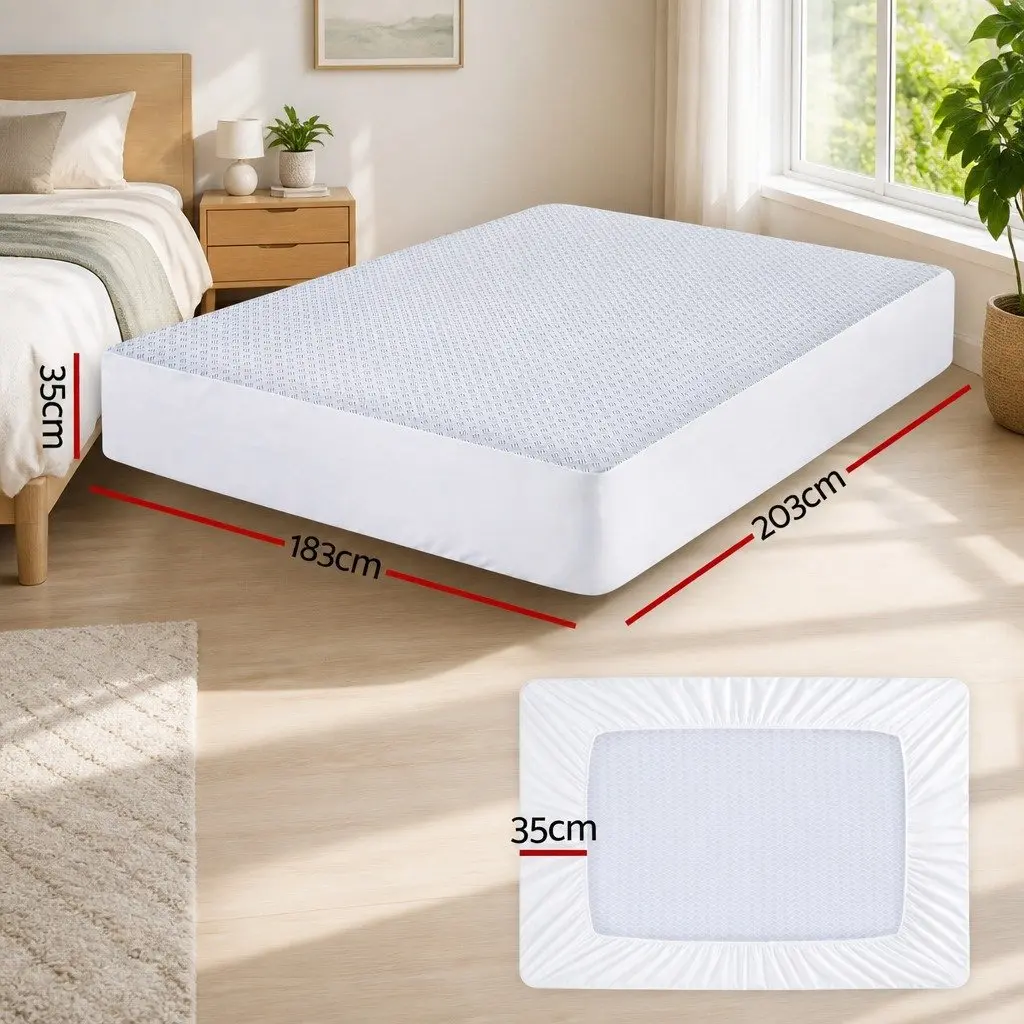 Mattress Protector Waterproof 35cm Deep Pocket Fitted Skirt King Size Blue 200gsm PE Cool-Sense Air Layer Fabric
