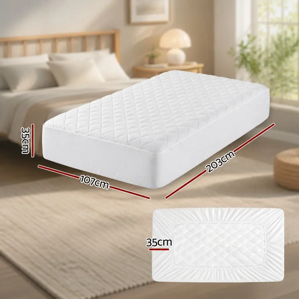 Mattress Protector Waterproof Cotton King Single 40cm Deep Fitted White Quilted Cover