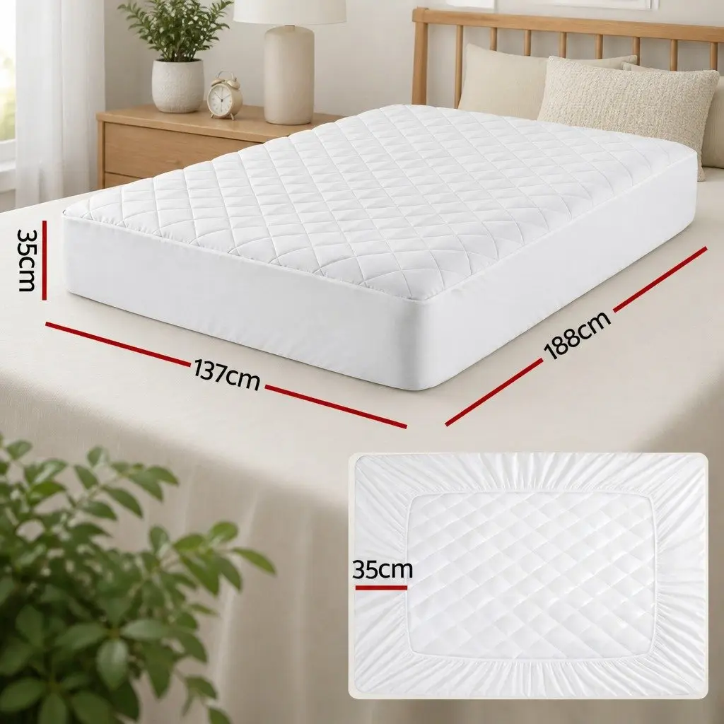 Mattress Protector Quilted Waterproof Double Cotton Top 188cm x 137cm White