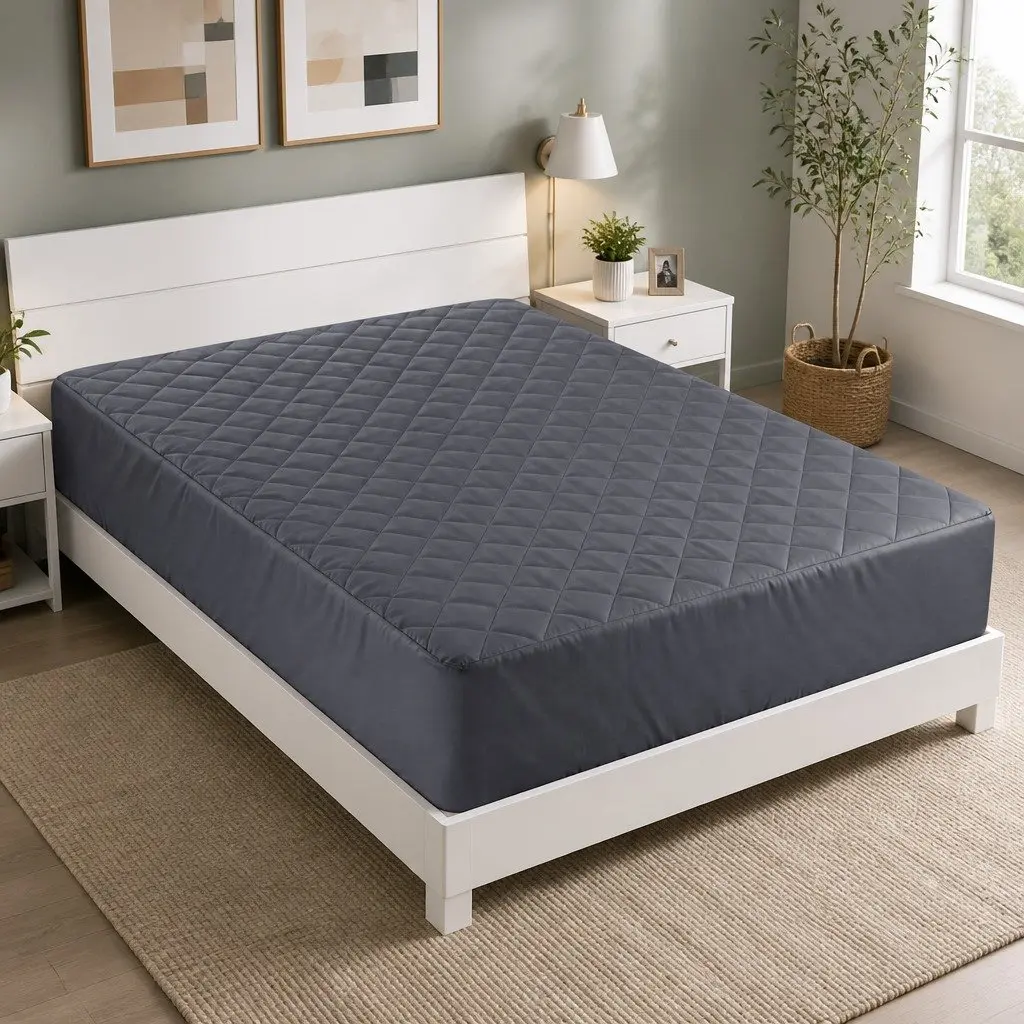 King Mattress Protector Waterproof Microfiber Quilted 35cm Grey 360° Elastic Fitted Skirt