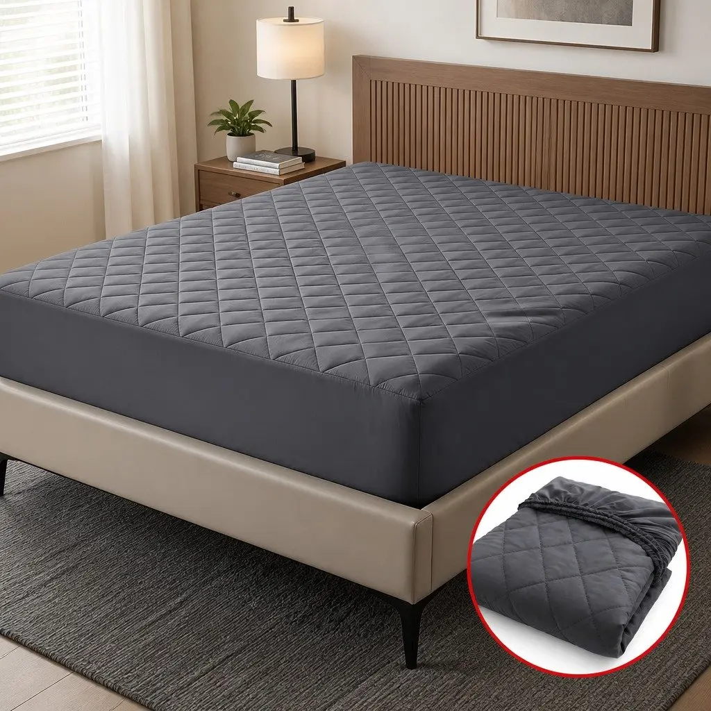 King Mattress Protector Waterproof Microfiber Quilted 35cm Grey 360° Elastic Fitted Skirt