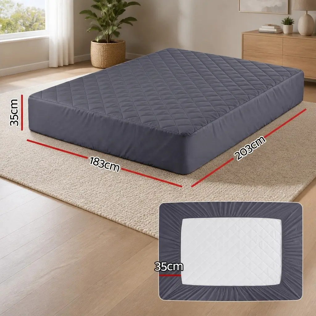 King Mattress Protector Waterproof Microfiber Quilted 35cm Grey 360° Elastic Fitted Skirt