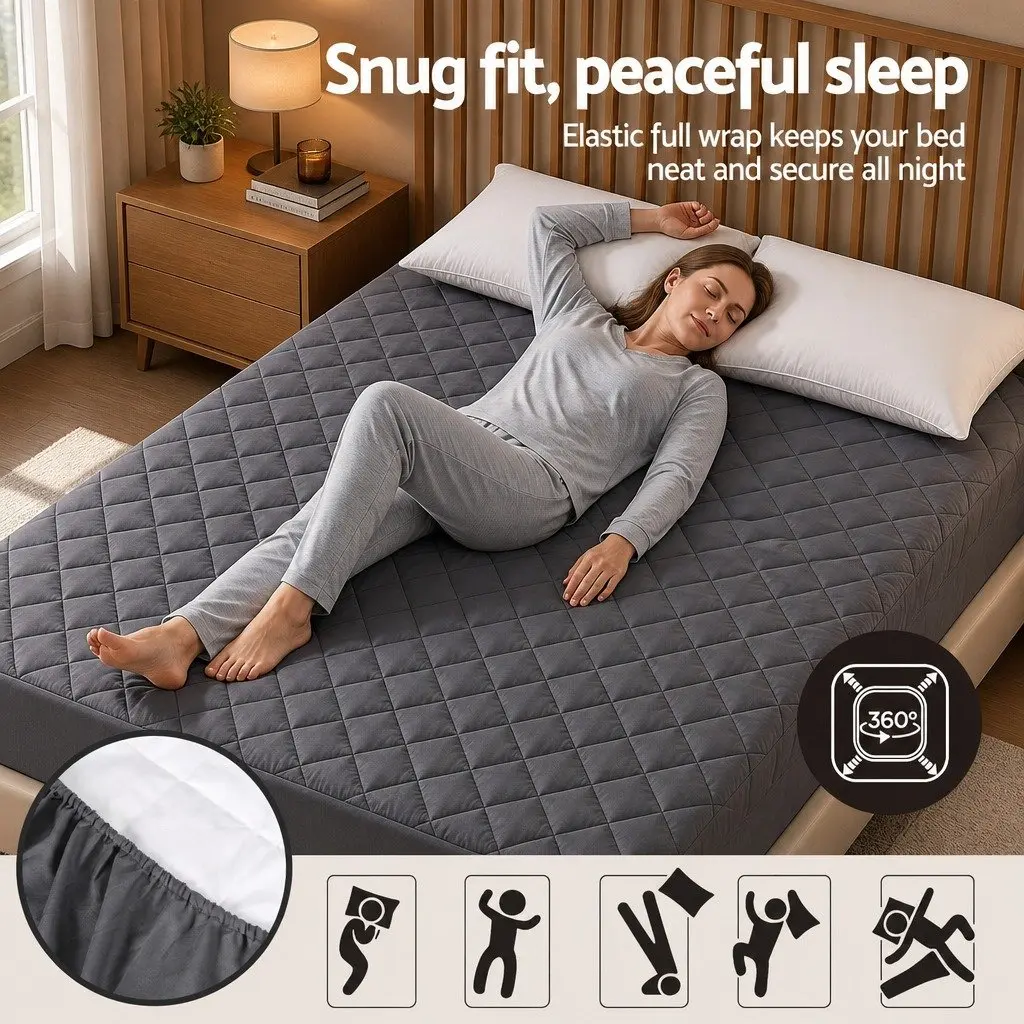 King Mattress Protector Waterproof Microfiber Quilted 35cm Grey 360° Elastic Fitted Skirt