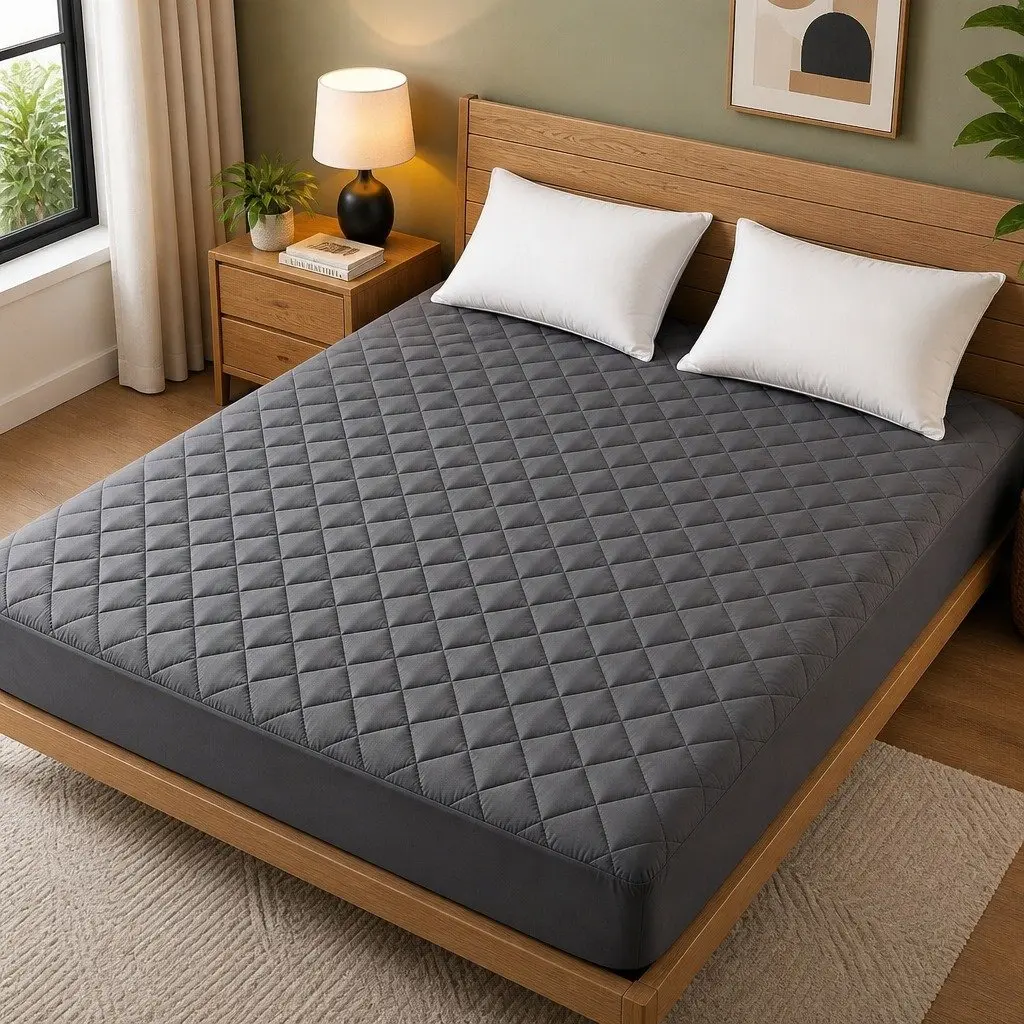 King Mattress Protector Waterproof Microfiber Quilted 35cm Grey 360° Elastic Fitted Skirt